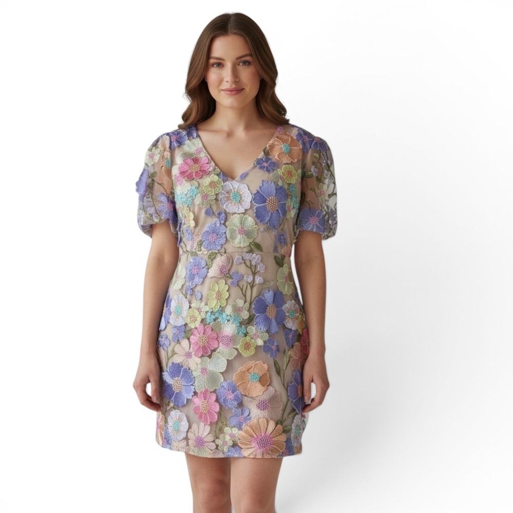 Rosie Posie Size L 3D Floral Mesh Mini Dress Fairycore Coquette Dreamy